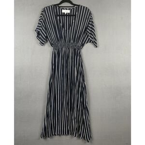 Margaux Riviera Dress Womens Small Navy White Striped Midi Short Sleeve Viscose